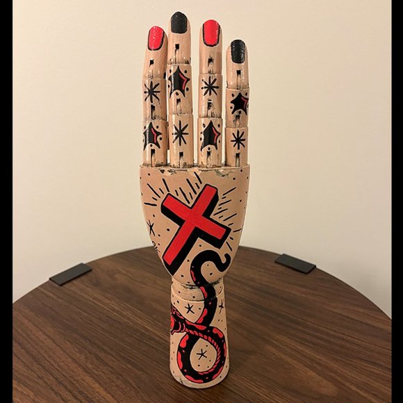 Tattooed Articulated Wooden Hand - Picture 1 of 5